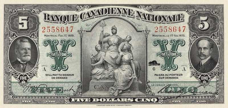Canada banknote, Banque Canadienne Nationale, $5 Dollars, 1925, Pick P-S706, UNC