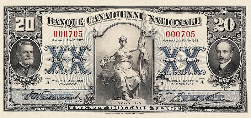 Canada banknote, Banque Canadienne Nationale, $20 Dollars, 1925, Pick P-S708, UNC