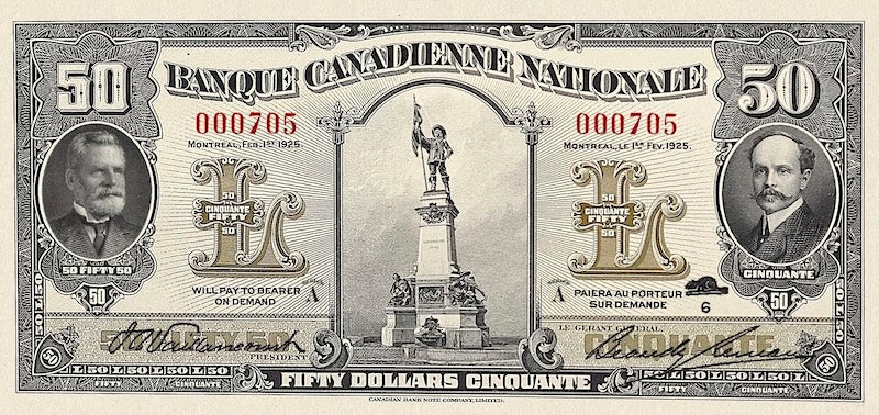 Canada banknote, Banque Canadienne Nationale, $50 Dollars, 1925, Pick P-S709, UNC