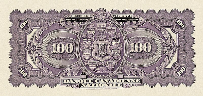 Canada banknote, Banque Canadienne Nationale, $100 Dollars, 1925, Pick P-S710, UNC