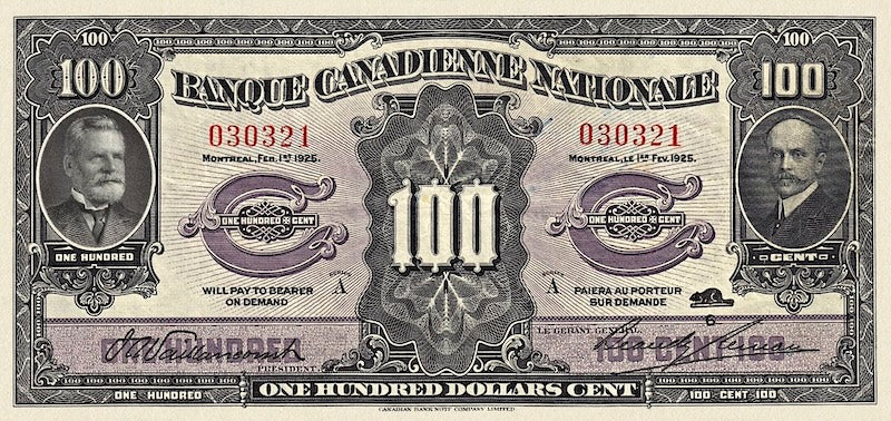 Canada banknote, Banque Canadienne Nationale, $100 Dollars, 1925, Pick P-S710, UNC