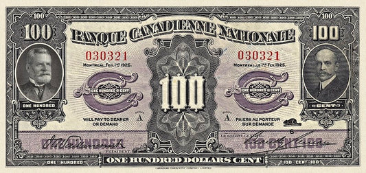 Canada banknote, Banque Canadienne Nationale, $100 Dollars, 1925, Pick P-S710, UNC