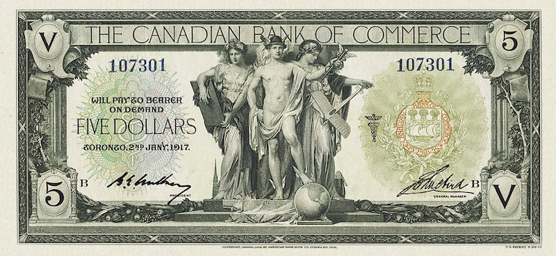 Canada banknote, Canadian Bank of Commerce $5 Dollars, 1917, Pick P-S965, UNC