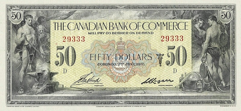 Canada banknote, Canadian Bank of Commerce $50 Dollars, 1917, Pick P-S968, UNC