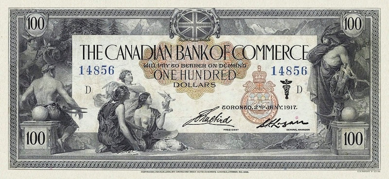 Canada banknote, Canadian Bank of Commerce $100 Dollars, 1917, Pick P-S969, UNC